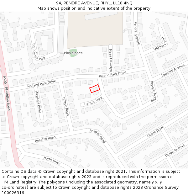 94, PENDRE AVENUE, RHYL, LL18 4NQ: Location map and indicative extent of plot