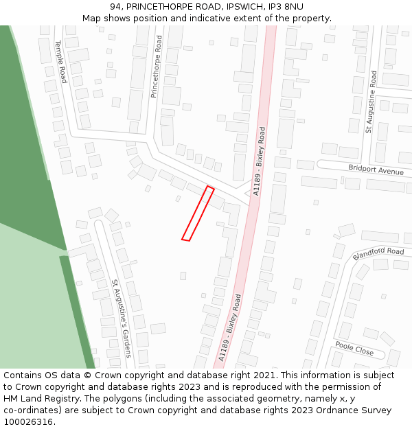 94, PRINCETHORPE ROAD, IPSWICH, IP3 8NU: Location map and indicative extent of plot