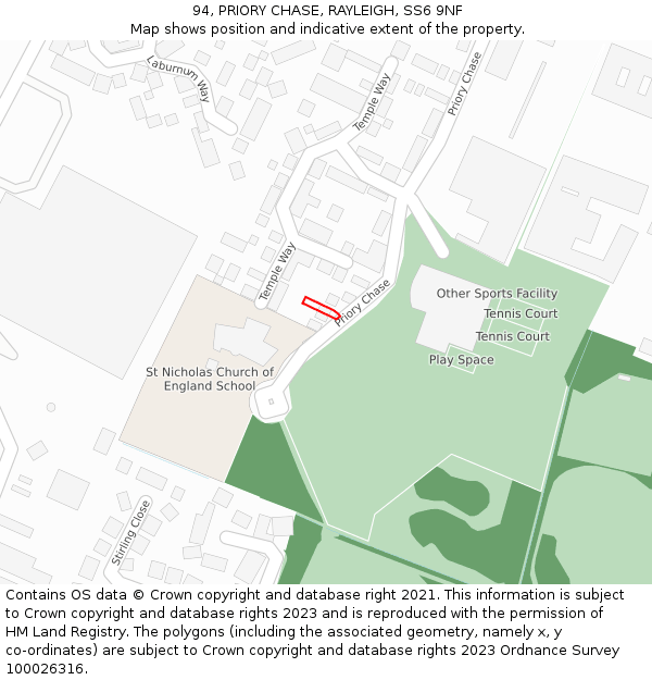 94, PRIORY CHASE, RAYLEIGH, SS6 9NF: Location map and indicative extent of plot