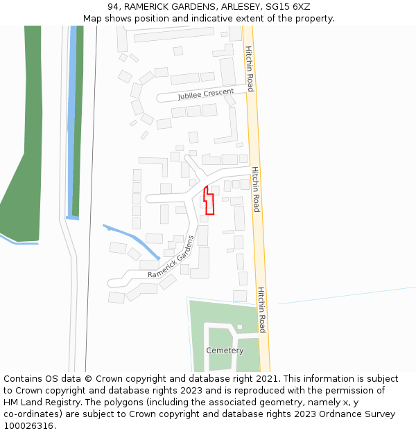 94, RAMERICK GARDENS, ARLESEY, SG15 6XZ: Location map and indicative extent of plot