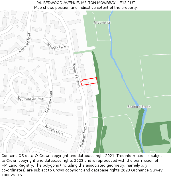 94, REDWOOD AVENUE, MELTON MOWBRAY, LE13 1UT: Location map and indicative extent of plot