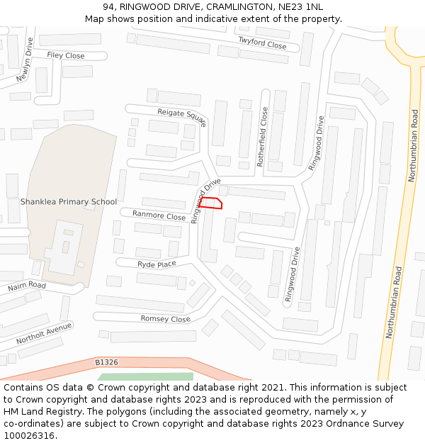 94, RINGWOOD DRIVE, CRAMLINGTON, NE23 1NL: Location map and indicative extent of plot