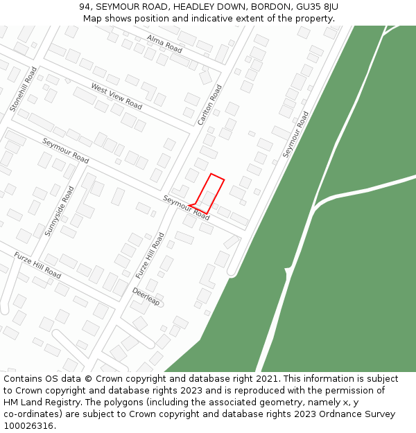 94, SEYMOUR ROAD, HEADLEY DOWN, BORDON, GU35 8JU: Location map and indicative extent of plot