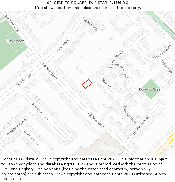 94, STAINES SQUARE, DUNSTABLE, LU6 3JQ: Location map and indicative extent of plot