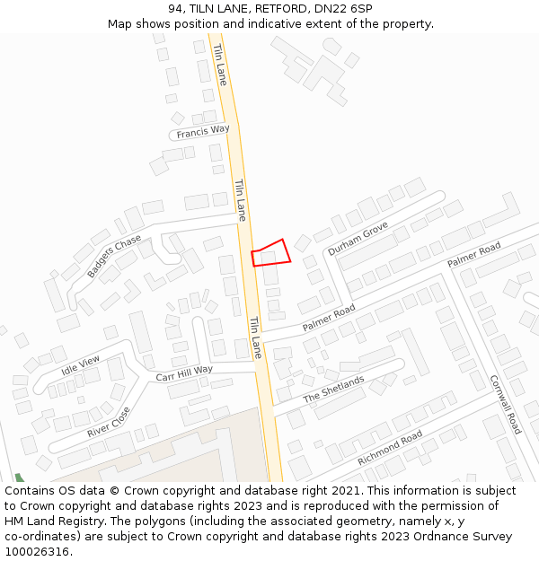 94, TILN LANE, RETFORD, DN22 6SP: Location map and indicative extent of plot