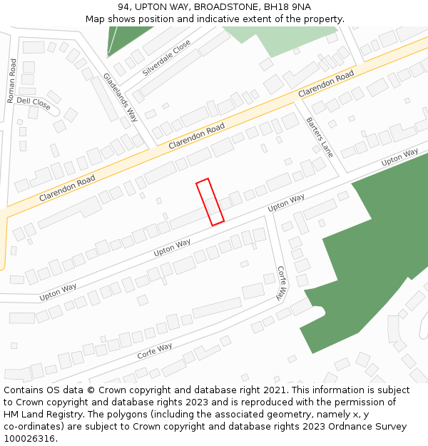 94, UPTON WAY, BROADSTONE, BH18 9NA: Location map and indicative extent of plot