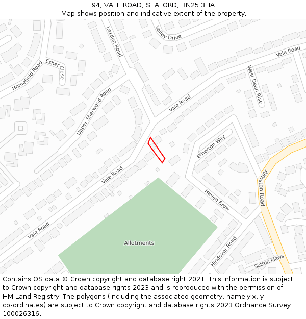 94, VALE ROAD, SEAFORD, BN25 3HA: Location map and indicative extent of plot