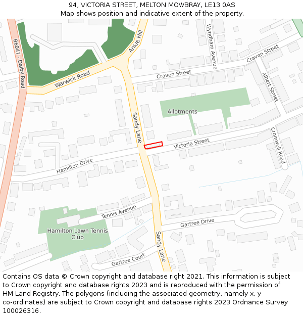 94, VICTORIA STREET, MELTON MOWBRAY, LE13 0AS: Location map and indicative extent of plot