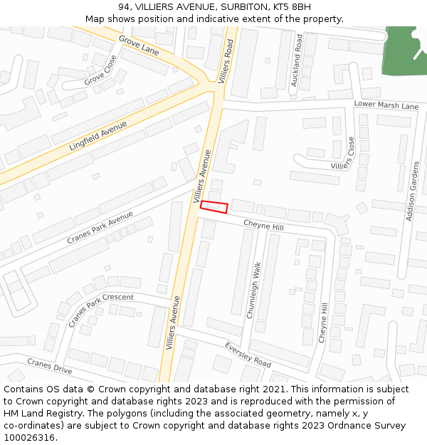 94, VILLIERS AVENUE, SURBITON, KT5 8BH: Location map and indicative extent of plot