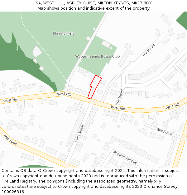 94, WEST HILL, ASPLEY GUISE, MILTON KEYNES, MK17 8DX: Location map and indicative extent of plot