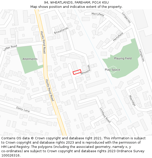 94, WHEATLANDS, FAREHAM, PO14 4SU: Location map and indicative extent of plot