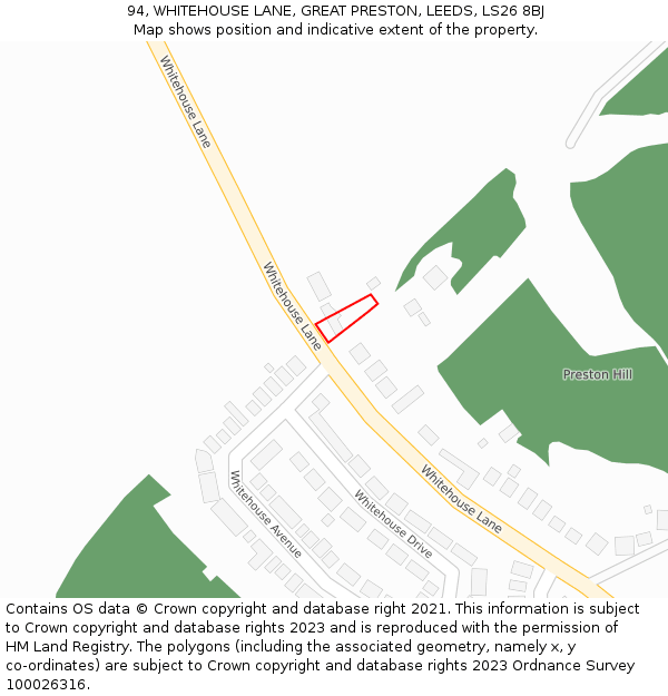 94, WHITEHOUSE LANE, GREAT PRESTON, LEEDS, LS26 8BJ: Location map and indicative extent of plot