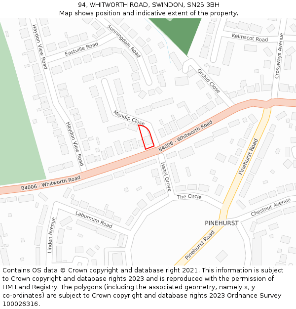 94, WHITWORTH ROAD, SWINDON, SN25 3BH: Location map and indicative extent of plot