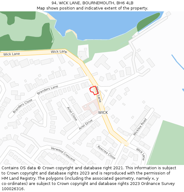 94, WICK LANE, BOURNEMOUTH, BH6 4LB: Location map and indicative extent of plot