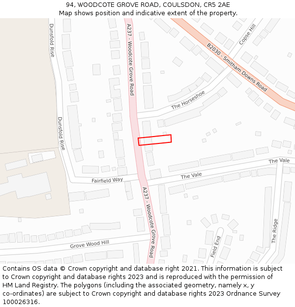 94, WOODCOTE GROVE ROAD, COULSDON, CR5 2AE: Location map and indicative extent of plot