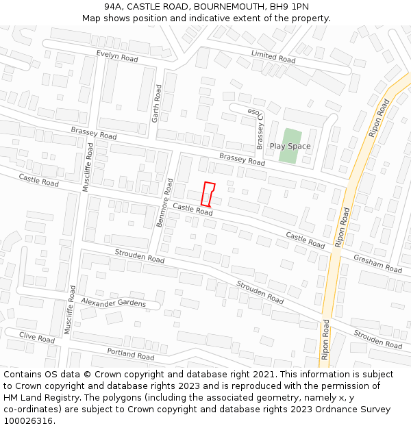 94A, CASTLE ROAD, BOURNEMOUTH, BH9 1PN: Location map and indicative extent of plot