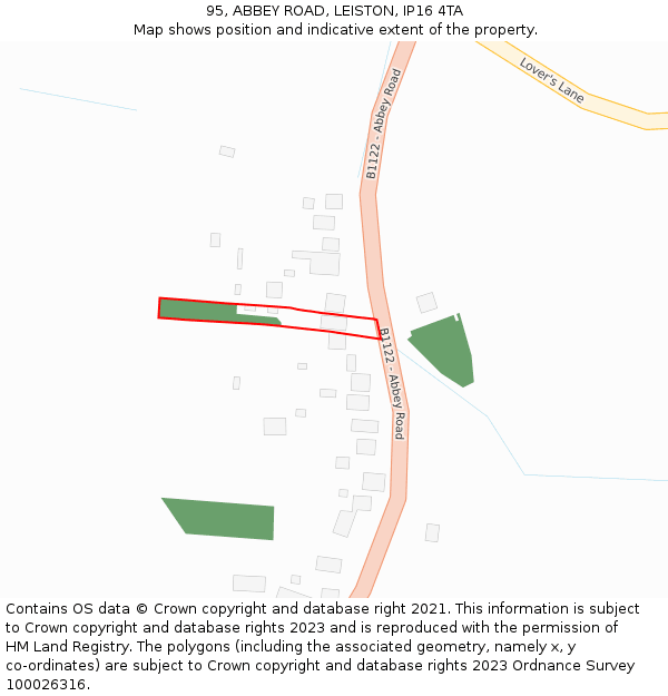 95, ABBEY ROAD, LEISTON, IP16 4TA: Location map and indicative extent of plot