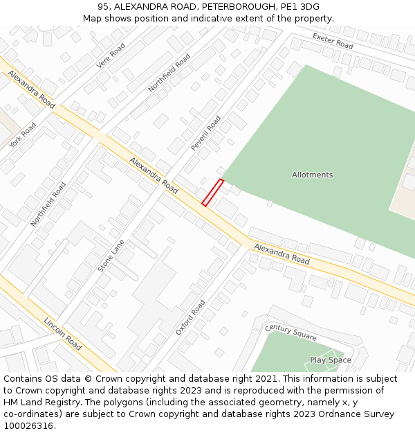 95, ALEXANDRA ROAD, PETERBOROUGH, PE1 3DG: Location map and indicative extent of plot