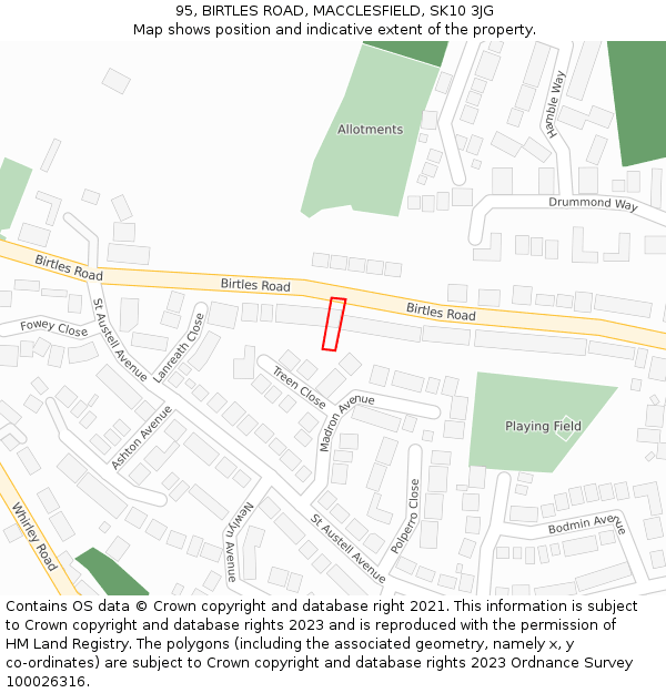 95, BIRTLES ROAD, MACCLESFIELD, SK10 3JG: Location map and indicative extent of plot