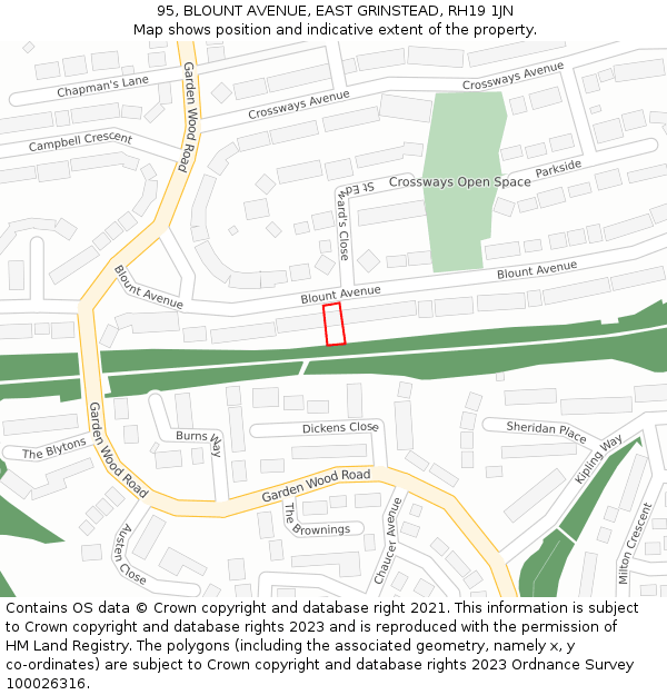 95, BLOUNT AVENUE, EAST GRINSTEAD, RH19 1JN: Location map and indicative extent of plot