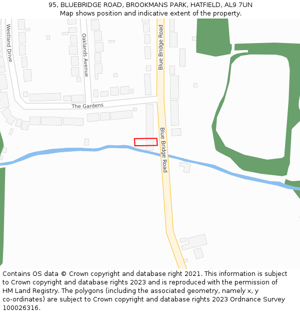 95, BLUEBRIDGE ROAD, BROOKMANS PARK, HATFIELD, AL9 7UN: Location map and indicative extent of plot