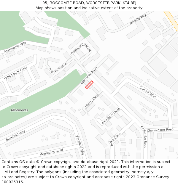 95, BOSCOMBE ROAD, WORCESTER PARK, KT4 8PJ: Location map and indicative extent of plot