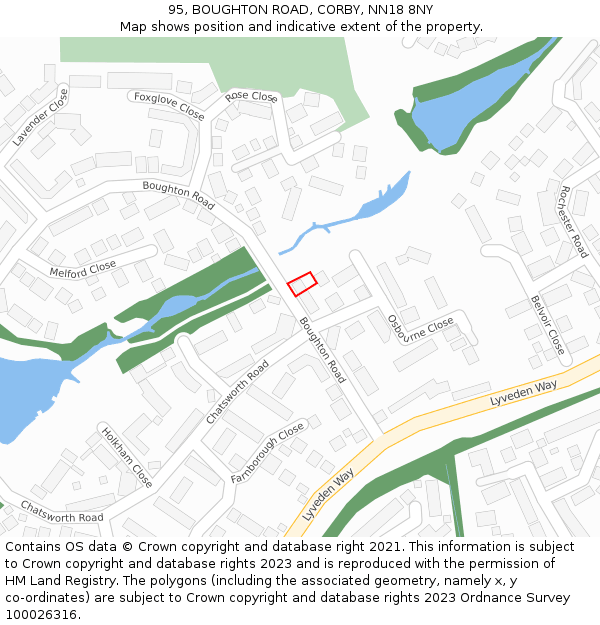 95, BOUGHTON ROAD, CORBY, NN18 8NY: Location map and indicative extent of plot