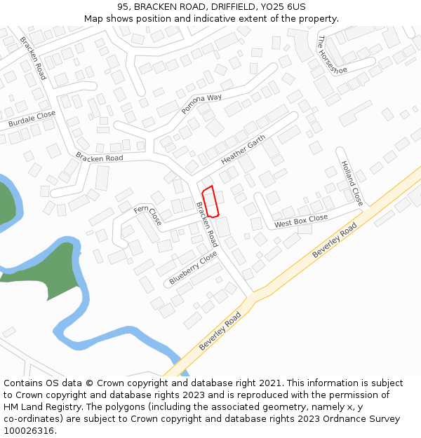 95, BRACKEN ROAD, DRIFFIELD, YO25 6US: Location map and indicative extent of plot