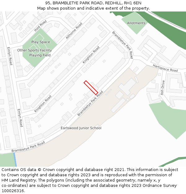 95, BRAMBLETYE PARK ROAD, REDHILL, RH1 6EN: Location map and indicative extent of plot