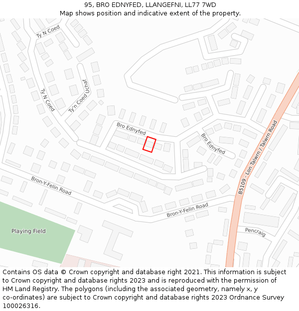 95, BRO EDNYFED, LLANGEFNI, LL77 7WD: Location map and indicative extent of plot