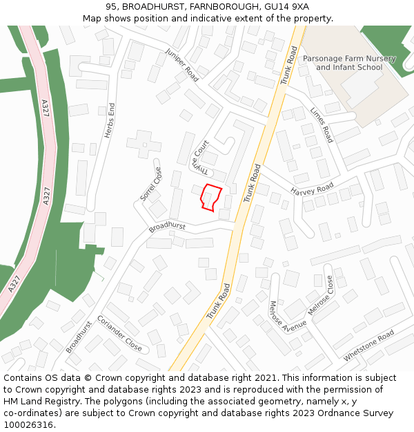 95, BROADHURST, FARNBOROUGH, GU14 9XA: Location map and indicative extent of plot