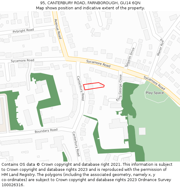 95, CANTERBURY ROAD, FARNBOROUGH, GU14 6QN: Location map and indicative extent of plot