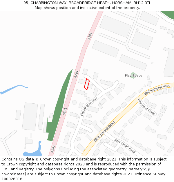 95, CHARRINGTON WAY, BROADBRIDGE HEATH, HORSHAM, RH12 3TL: Location map and indicative extent of plot