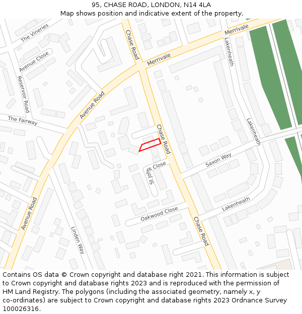 95, CHASE ROAD, LONDON, N14 4LA: Location map and indicative extent of plot