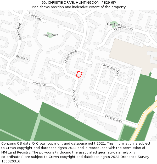 95, CHRISTIE DRIVE, HUNTINGDON, PE29 6JP: Location map and indicative extent of plot