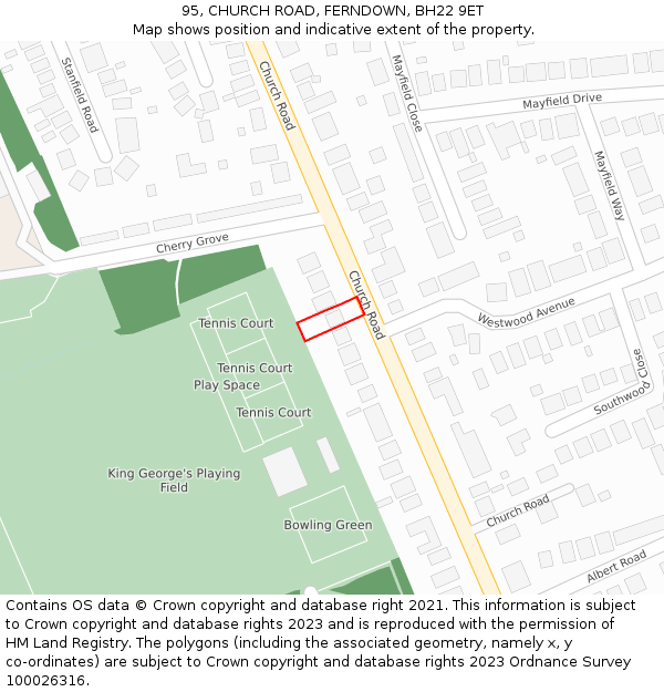 95, CHURCH ROAD, FERNDOWN, BH22 9ET: Location map and indicative extent of plot