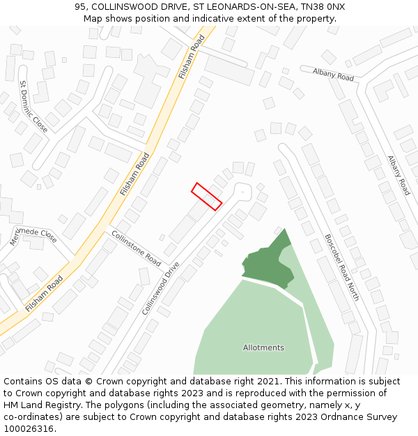 95, COLLINSWOOD DRIVE, ST LEONARDS-ON-SEA, TN38 0NX: Location map and indicative extent of plot