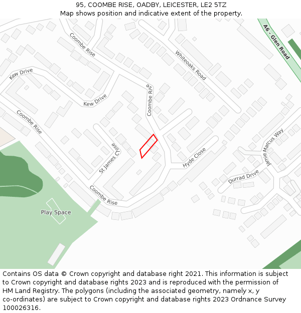 95, COOMBE RISE, OADBY, LEICESTER, LE2 5TZ: Location map and indicative extent of plot
