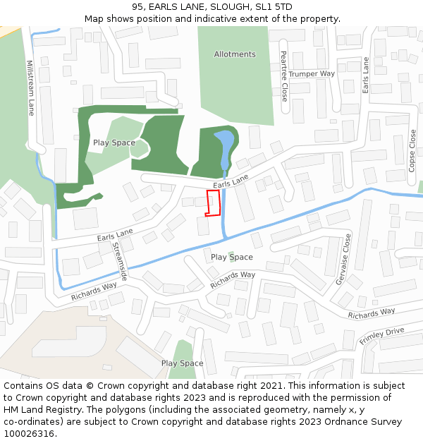 95, EARLS LANE, SLOUGH, SL1 5TD: Location map and indicative extent of plot