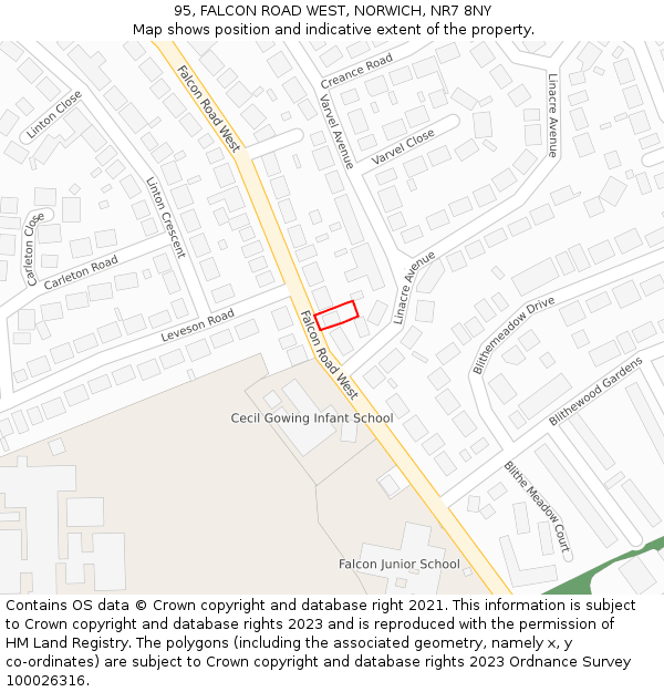 95, FALCON ROAD WEST, NORWICH, NR7 8NY: Location map and indicative extent of plot