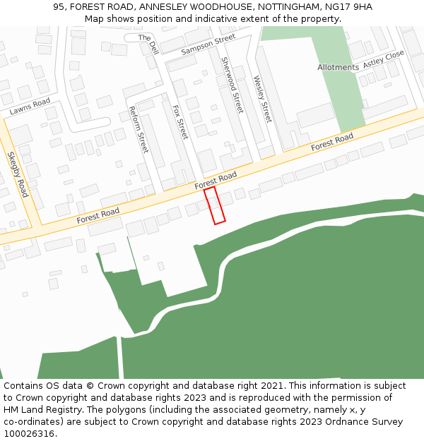 95, FOREST ROAD, ANNESLEY WOODHOUSE, NOTTINGHAM, NG17 9HA: Location map and indicative extent of plot