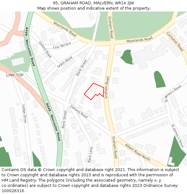 95, GRAHAM ROAD, MALVERN, WR14 2JW: Location map and indicative extent of plot
