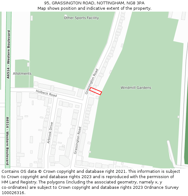 95, GRASSINGTON ROAD, NOTTINGHAM, NG8 3PA: Location map and indicative extent of plot