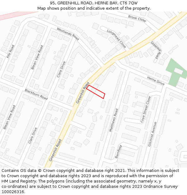 95, GREENHILL ROAD, HERNE BAY, CT6 7QW: Location map and indicative extent of plot