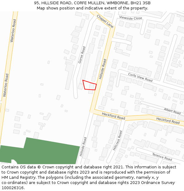 95, HILLSIDE ROAD, CORFE MULLEN, WIMBORNE, BH21 3SB: Location map and indicative extent of plot