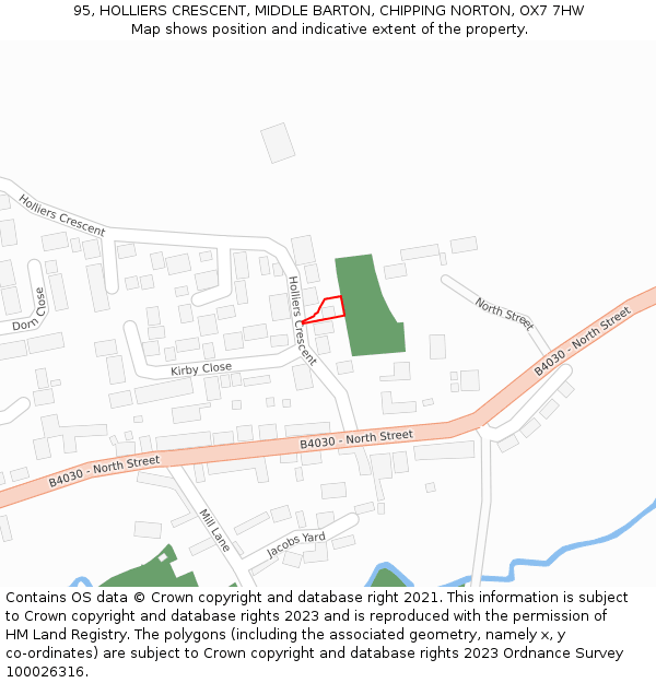 95, HOLLIERS CRESCENT, MIDDLE BARTON, CHIPPING NORTON, OX7 7HW: Location map and indicative extent of plot