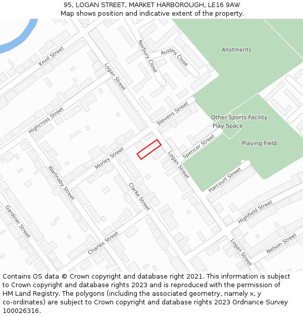 95, LOGAN STREET, MARKET HARBOROUGH, LE16 9AW: Location map and indicative extent of plot