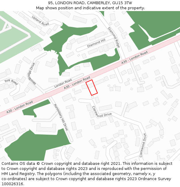 95, LONDON ROAD, CAMBERLEY, GU15 3TW: Location map and indicative extent of plot