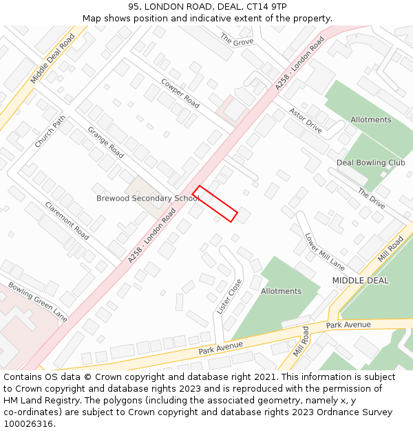 95, LONDON ROAD, DEAL, CT14 9TP: Location map and indicative extent of plot