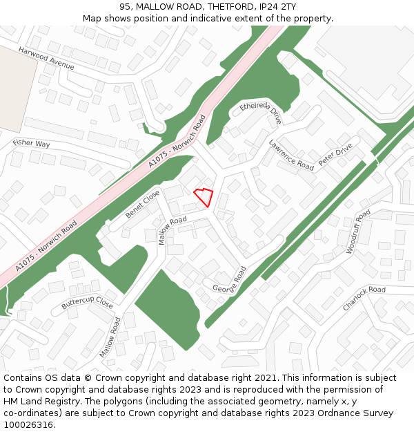 95, MALLOW ROAD, THETFORD, IP24 2TY: Location map and indicative extent of plot